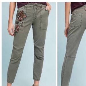 Anthropologie Olive Skinny Pants with Floral Embroidery